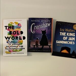 Brand NEW books (3). Titles: The Bold World, Crenshaw, The King of Sandwiches